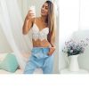 White Lace Sheer Bralette Bustier Crop Top with Floral Design and Zig Zag Hem