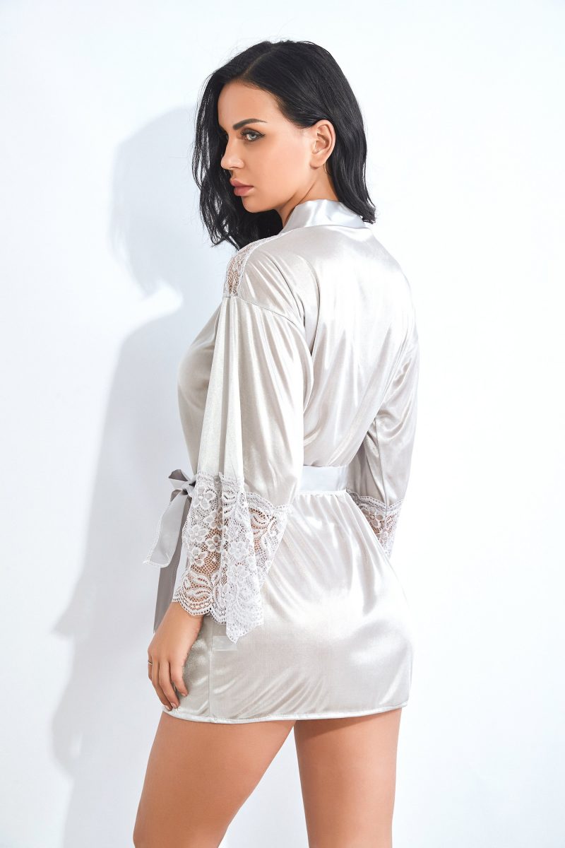 White Satin Robe with Intricate Lace Patchwork Sleeves