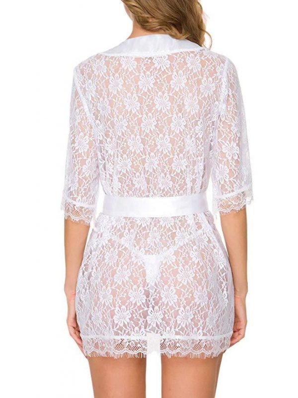 White Short-sleeved Lace Robe with Flower Pattern and Satin Ribbon