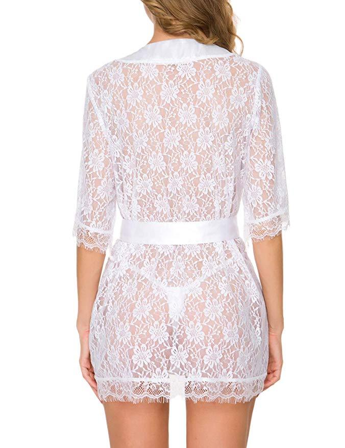 White Short-sleeved Lace Robe with Flower Pattern and Satin Ribbon