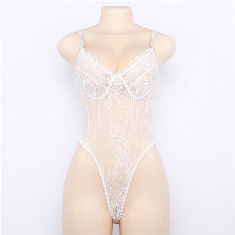 White Tabitha Lace Bodysuit with Floral Pattern and Lace Trim